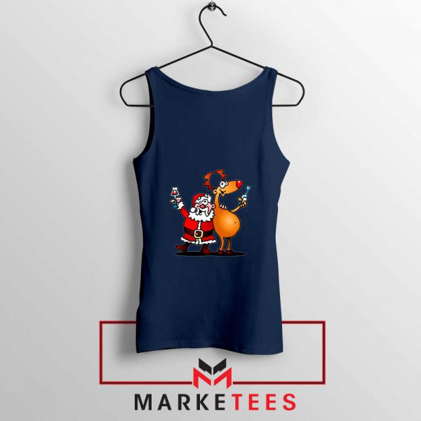 Santa and Reindeer Navy Blue Tank Top