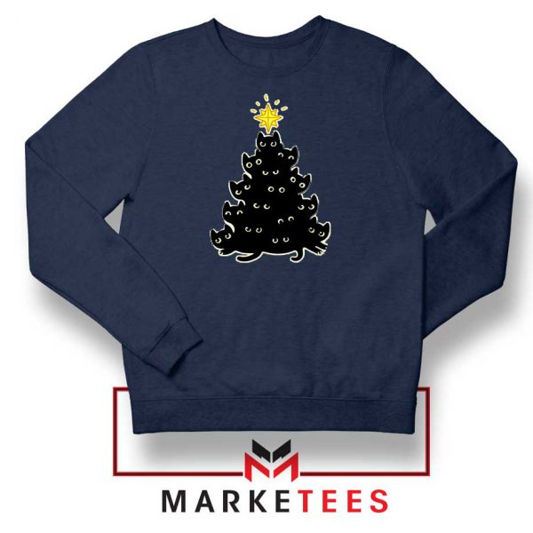 Black Cat Meowy Tree Navy Blue Sweater