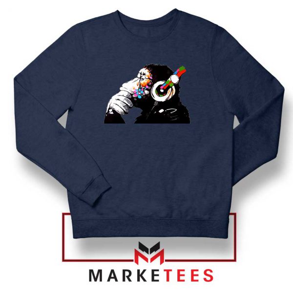 Banksy Monkey DJ Art Navy Blue Sweater